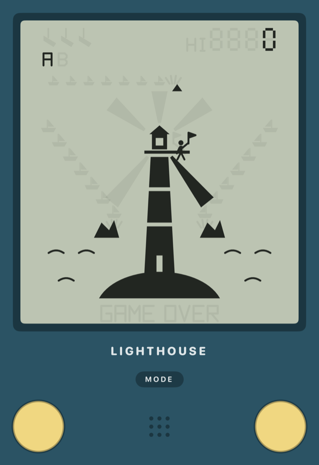 Folded: one LCD screen with the lighthouse, the keeper, ships on two lanes and the beam, above two round buttons.